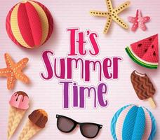 It's summer time vector background design with colorful text and paper cut beach elements in white paper pattern for summer season. Vector illustration.