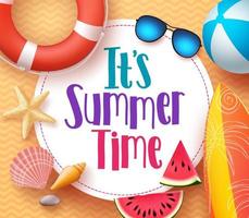 It's summer time vector banner design template with colorful beach elements and white space for text and title in yellow pattern background for summer season. Vector illustration.