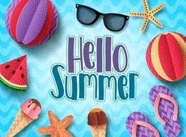 Hello summer vector banner design with beach elements floating in blue pattern background. Summer background templates with paper cut style elements.