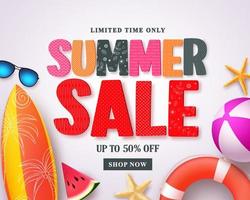 Summer sale vector banner design template with red sale text and colorful beach elements in white pattern background for summer holiday discount promotion. Vector illustration.