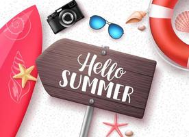 Hello summer vector banner. Wooden sign board with hello summer text and beach elements like surfboard and seashells in white sand background. Vector illustration.