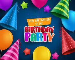 Diseño de tarjeta de felicitación de invitación de vector de fiesta de cumpleaños con coloridos elementos de globos y sombreros de cumpleaños en fondo azul. ilustración vectorial.