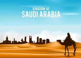 Arab Man Riding in Camel in Wide Desert Sands in Middle East Going to City in Kingdom of Saudi Arabia. Editable Vector Illustration