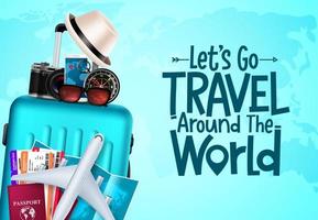 Travel vector background design. Let's go travel around the world text in blue empty space with traveler elements for international adventure trip. Vector illustration.