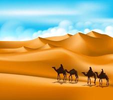 Group of Arab People with Camels Caravan Riding in Realistic Wide Desert Sands in Middle East. Editable Vector Illustration