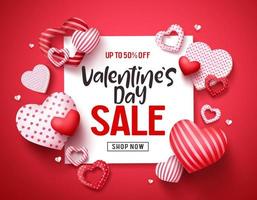 Valentines sale vector banner template. Valentines day store discount promotion with white space for text and hearts elements in red background. Vector illustration.