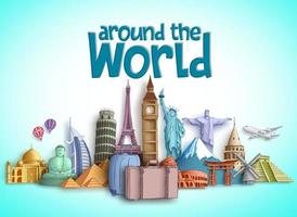 Travel around the world vector banner design with travel destinations and famous tourist landmarks of different countries. Colorful buildings and monuments vector elements.