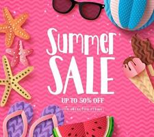 Summer sale vector background template with paper cut beach elements and sale text in pink pattern background for summer seasonal discount promotion. Vector illustration.