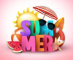 Diseño de banner de vector de texto 3d de verano con título colorido y elementos de playa tropical realistas en un fondo para la temporada de vacaciones de verano. ilustración vectorial.