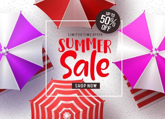 Summer sale vector banner design. Summer sale discount text in a boarder with palm or coconut tree and beach umbrella in white seashore background. Vector illustration.