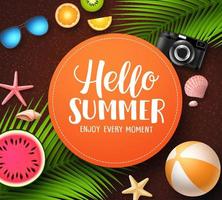 Hello summer vector banner template with greeting text in orange circle, palm leaves and beach elements in dark background. Vector illustration.