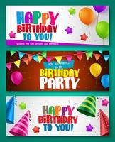 Happy birthday vector banner designs set with colorful elements like balloons and birthday hats for birthday party or invitations. Vector illustration.