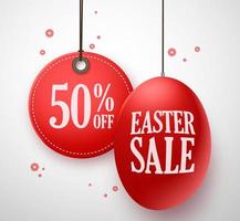 Easter Sale in red egg price tag hanging in white background for store promotion. Vector illustration