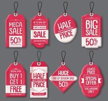 Sale tag templates vector set. Red paper price tags with big sale and discount text in different shapes for end of season store marketing promotions. Vector illustration.