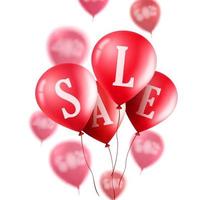 Red sale balloons vector banner. Flying red sale balloons and other blurred balloons  in white background for discount promotions. Vector illustration.