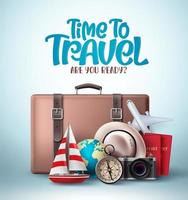 Time to travel vector banner design. Travel and tour elements like suitcase, passport, camera and compass for holiday vacation trip design. Vector illustration.