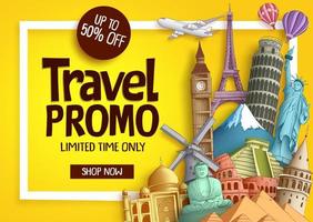 Travel promo vector banner template with discount text and famous tourist landmarks elements in a frame for travel and tour promotion. Vector illustration.