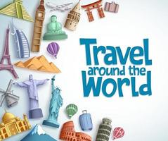 Travel and tourism vector background template with travel around the world text in empty white background and famous tourist destinations and landmarks elements. Vector illustration.