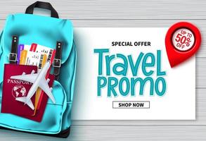 Travel sale vector banner design. Travel promo special offer text with traveler bags, passport and ticket elements for advertising and promotional background. Vector illustration