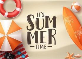 It's summer time seascape vector banner design. Summer seascape background with colorful beach elements like beach ball, umbrella and palm tree in the sand. Vector illustration.