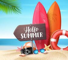 Hello summer vector design concept. Wooden sign board with hello summer text and beach elements like colorful surf board in sea shore background. Vector illustration.