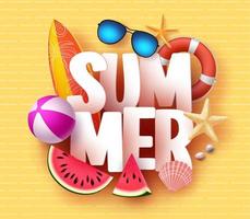 diseño de banner de verano con título de texto en 3D y coloridos elementos de playa tropical en fondo amarillo para la temporada de verano. ilustración vectorial. vector