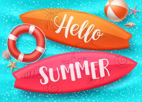 Hello summer vector design with surfboard floating in blue water pool and colorful beach elements like lifebuoy and beach ball. Vector illustration.