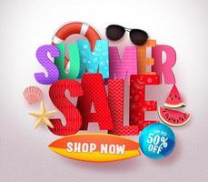 Summer sale vector banner design with colorful 3D sale text and beach elements in white background for summer holiday discount promotion. Vector illustration.