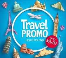 Travel promo vector banner promotion design with tourist destinations elements and discount text in blue background for travel agency template. Vector illustration.