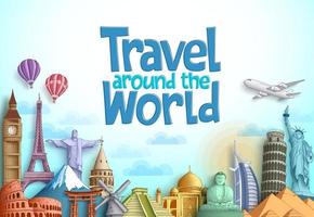 Travel around the world vector background design with famous landmarks and tourist destination elements in different places for tourism. Vector illustration.