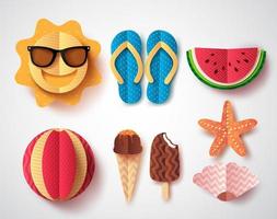 Summer vector elements set with paper cut flat folding style of sun, flipflops icecream, watermelon and starfish isolated in white background. Vector illustration.