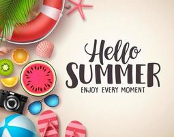 Hello summer vector background. Summer text in wood textured background with colorful beach elements like tropical fruits, beach ball and seashells. Vector illustration.