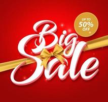 Big Sale Vector Text in a Golden Ribbon with Abstract Lights in Red Background. Vector Illustration.