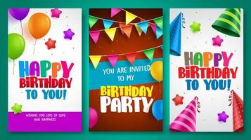 diseños de carteles vectoriales de feliz cumpleaños con elementos coloridos como globos y sombreros de cumpleaños para fiestas de cumpleaños y otras celebraciones. ilustración vectorial. vector