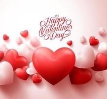 Happy Valentines Day Background with 3D Realistic Red Hearts and Typography Text in White Background. Vector Illustration