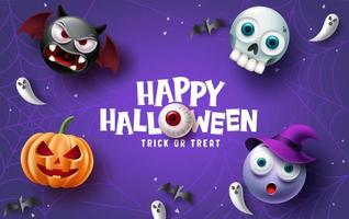 Happy halloween text vector background design. Halloween and trick or treat typography with scary, spooky, creepy and cute mascot characters. Vector illustration.