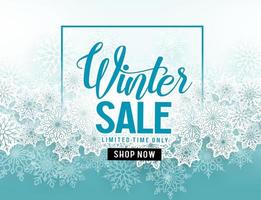 Winter sale vector banner with  white snowflakes elements and winter sale text in blue snow background for seasonal promotion. Vector illustration.