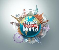 Travel around the world vector landmarks design. Travel in famous tourism landmarks and world attractions elements and text in a 3d globe empty space. Vector illustration.