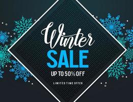 Winter sale vector banner design with colorful snow elements and discount text inside the frame in black snowflakes background for holiday marketing promotion. Vector illustration.