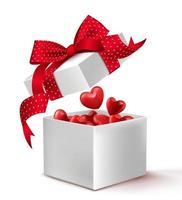 caja de regalo blanca 3d realista con corazones de globos en el interior envuelto en una cinta roja para el día de San Valentín romántico y las ofrendas. ilustración vectorial aislada vector