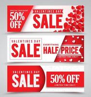 Valentines day sale vector banners with different designs for half price promotions with red hearts elements in a background. Vector illustration.