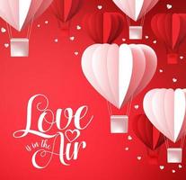 El fondo del día de San Valentín con amor está en el aire tipografía en rojo con globos en forma de corazón cortados en papel volando y decoración de corazones blancos. ilustración vectorial. vector