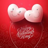 Two White Hearts Inlove with Happy Face for Valentines day Greetings Card with Pattern Red Background. Vector Illustration