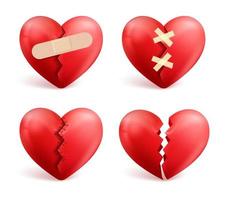Broken hearts vector set of 3d realistic icons and symbols in red color with wound, patches, stitches and bandages isolated in white background. Vector illustration.