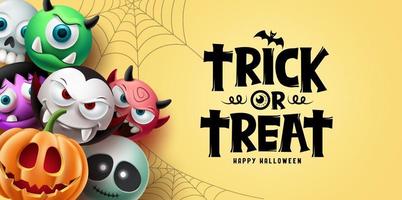 Halloween character vector background design. Happy halloween trick or treat text with scary, spooky and creepy mascot characters in cute facial expression. Vector illustration