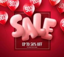 Sale balloon text 3D vector banner design with red balloons element flying in red background for store discount promotions. Vector illustration.