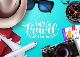 Travel vector background design. Let's go travel around the world text in blue empty space with traveler elements for international vacation trip. Vector illustration.