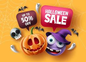 Halloween sale vector banner design. Halloween discount text in speech bubble elements with pumpkin and witch cute character emoji for ads background. Vector illustration.