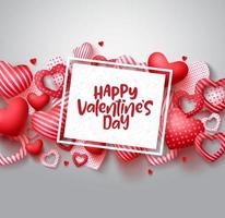 plantilla de banner de vector de día de San Valentín. Feliz día de San Valentín texto de saludo en un espacio en blanco con elementos de corazones rojos 3d en el fondo de textura de madera blanca. ilustración vectorial.