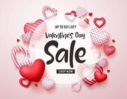 Valentines day sale vector banner. Sale discount promotion text in white frame with red valentines hearts elements in white background. Vector illustration.